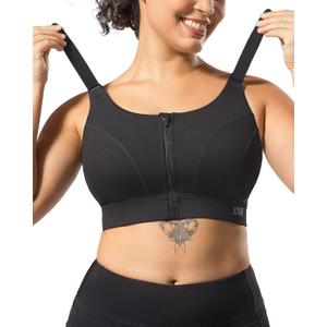 Adjustable High Impact Sports Bras for Women Zip Front Full Coverage and Lift Padded Compression Tops (Black, L)