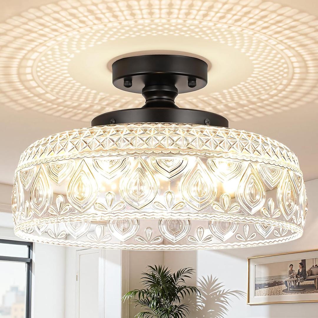 SunRider Semi Flush Mount Ceiling Light Fixture, Modern 3-Light Globe Glass Ceiling Light, Black Vintage Pendant Lamp for Kitchen Hallway Entryway, Bulbs Not Included