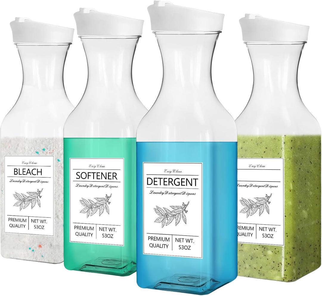 Laundry Detergent Dispenser Bottle 53oz with Label,4 Pack Liquid Laundry Dispenser,Plastic Detergent Dispenser for Laundry Room Organization and Storage, White Lid