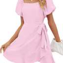 Sampeel Womens Summer Dresses Square Neck Puff Sleeve Tie Waist Short Dress (Large, Pink)