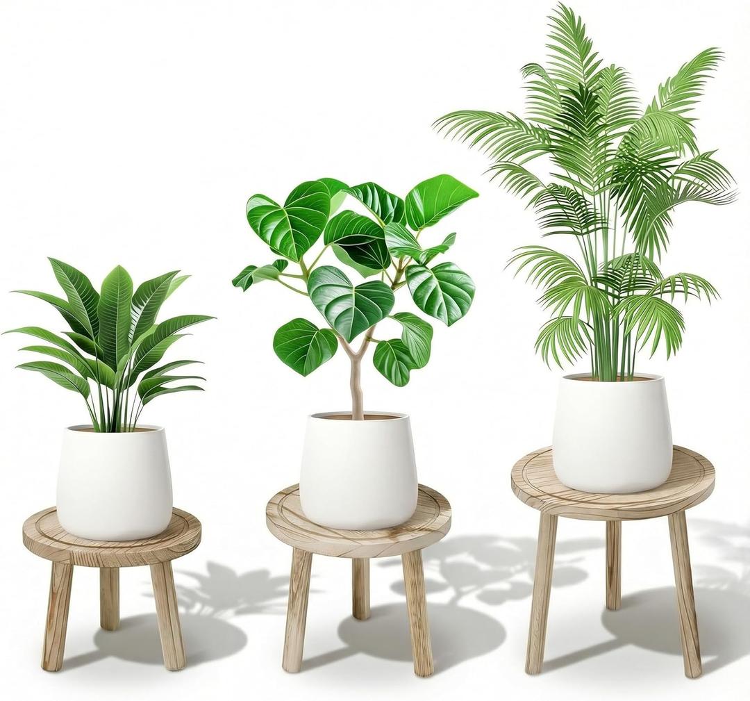 Wood Plant Stands Indoor, 3-Pack Single Plant Stand for 6-12 Inch Pots, Mid-Century Modern Plant Stool, Tall Wooden Plant Stand for Large Plants Perfect Fit for Living Room, Balcony, Office(Light Brown)