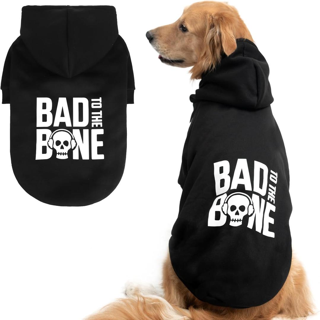 BINGPET Dog Hoodie, Bad to The Bone Lettered Dog Sweater with Leash Hole, Warm and Soft Fleece Dog Sweatshirt with Hood, Cold Weather Dog Winter Coat Pet Clothes for Dogs, L