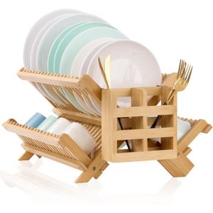 Bmaboo Dish Drying Rack for Kitchen Counter 3-Tier Collapsible Wooden Dish Drying Rack with Utensil Holder Dish Drainer Large Folding Dish Rack with Utensils Flatware Holder 51 pcs Grid
