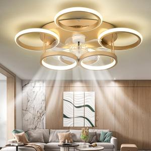 Low Profile Ceiling Fan with Light Modern, Bedroom Ceiling Smart Fan with LED, Fandelier Ceiling Fan Flush Mount 25.6-inch, 3000K-6500K Stepless Color Change, Assembly Required (Gold)