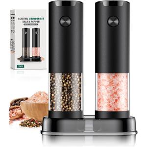 Electric Salt and Pepper Grinder Set Automatic Battery Pepper Mill Shakers Adjustable Coarseness Easy Filling Upgraded Larger Capacity with Led (2 Pack Black/Black