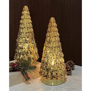 SHMILMH Gold Mercury Glass Christmas Tree Set of 2, Tabletop Christmas Tree with Light, Battery Operated Small Xmas Tree for Fireplace Centerpiece Decorations 10"