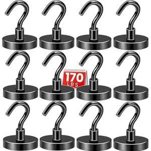 DIYMAG Black Magnetic Hooks, 170 LB Heavy Duty Strong Magnets with Hooks Rare Earth Neodymium Fridge Magnet for Grill Hanging Cruise Cabins Ship Essentials 12 Packs