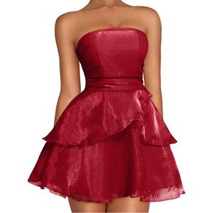 LAGSHIAN Women's Sexy Strapless Backless Mini Dress Tube Top Petal Ruffle Cocktail Party Dresses (Red)