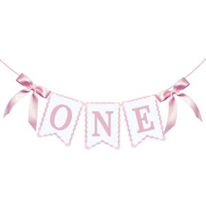 Bow One Banner for Baby Shower Decorations Pink and White Bow Highchair Banner Girls First Birthday Party Banner