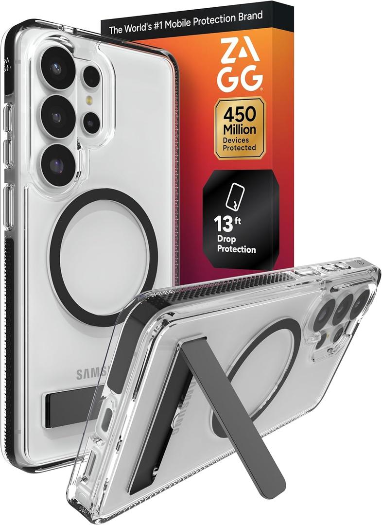 ZAGG Santa Cruz Snap Samsung Galaxy S26 Ultra Case with Kickstand - Black, Magnetic Crystal Clear Protective Phone Cover, 13ft Drop Protection, Graphene Reinforced, Slim Case with Stand, Black