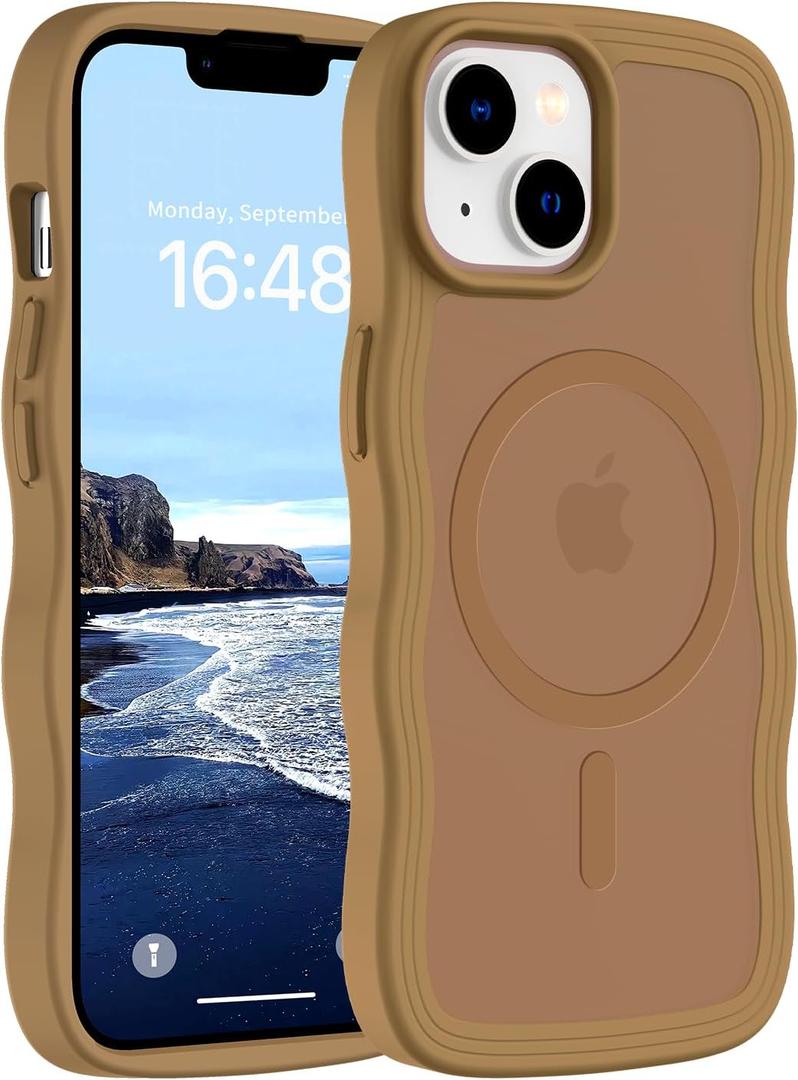 Hualele Magnetic for iPhone 13 & iPhone 14 Case, Compatible with MagSafe, Military Grade Dropproof Translucent Matte Back Cute Curly Wave Edge Slim Phone Case,Brown