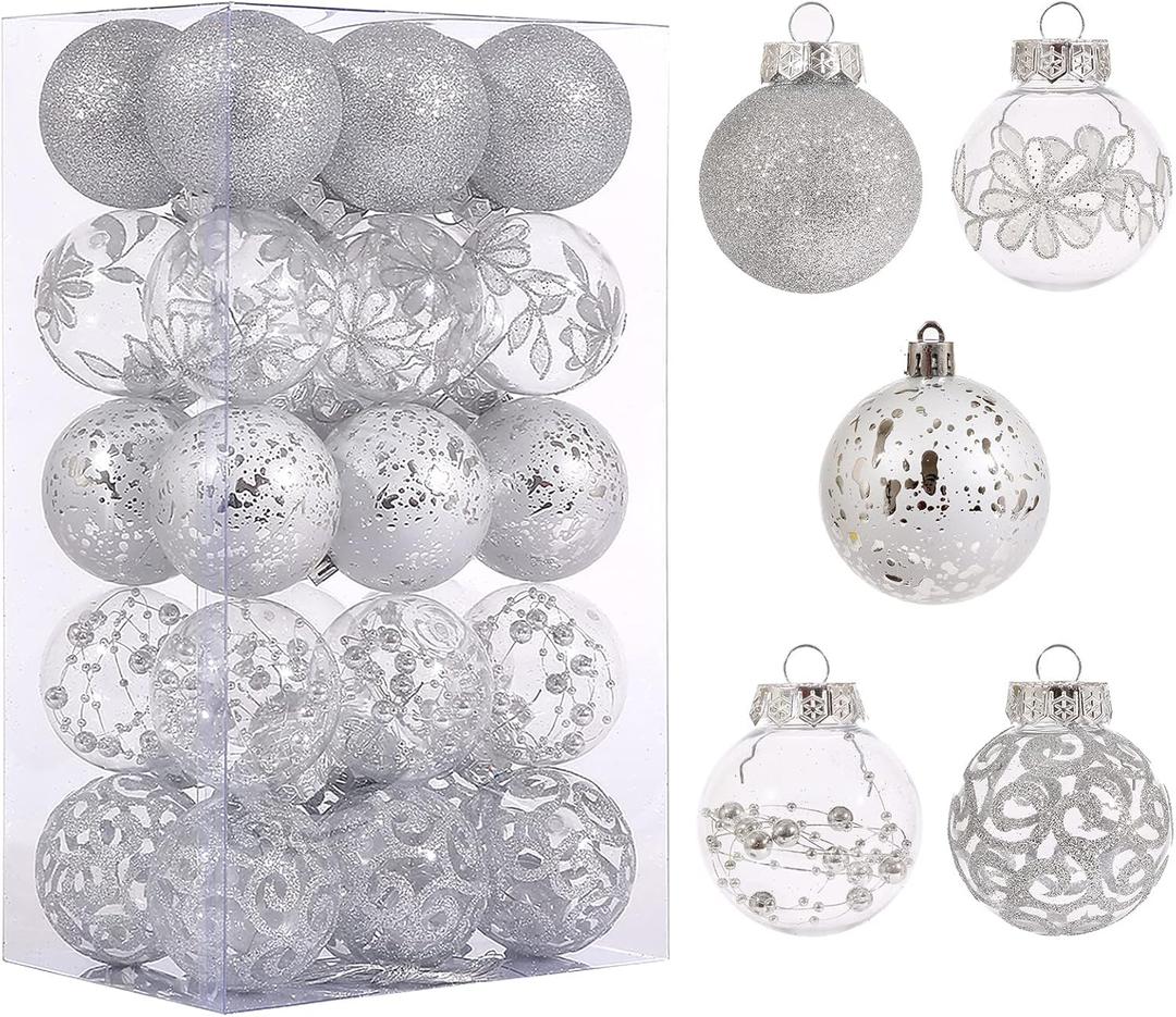 Christmas Ornaments Set, 30ct 2.36inch Assorted Clear Christmas Ornaments Shatterproof for Christmas Tree Decoration Silver Hanging Balls for Thanksgiving Xmas Wedding Party Home Indoor Outdoor Decor
