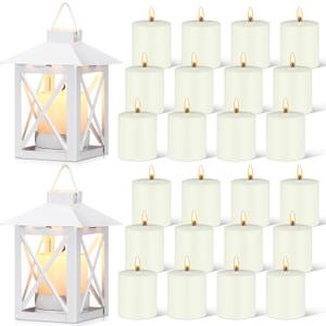 24 Pcs Emergency Candles with 2 Lanterns Set Mini Vintage Lanterns with 5 Hour Long Burning Survival Candles for Outdoor Wedding Camping Hanging Lamp Ornaments Christmas Holiday Decor(White)