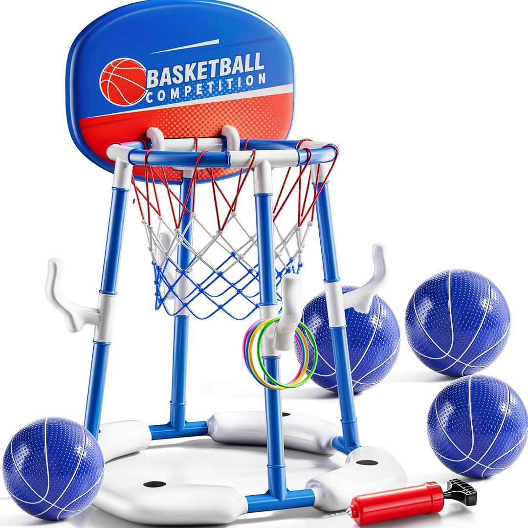 NIPLOOOW 2 in 1 Pool Basketball Hoop, Floating Pool Toys with 4 Balls & 12 Ring Toss Game for Kids Ages 4-8 8-12, Outdoor Swimming Water Basketball for Poolside Family Party for Adults Kids 3-12