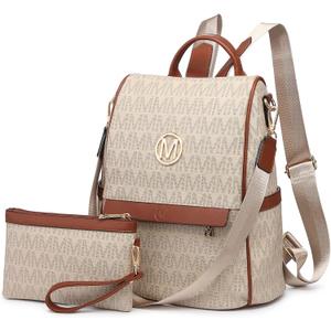 MKP Women Fashion Backpack Purse Multi Pockets Signature Anti-Theft Rucksack Travel Ladies Shoulder Bag Handbag 2Pcs (Beige)