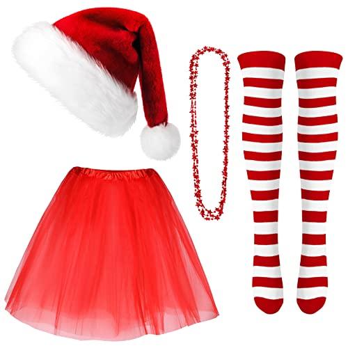 Geyoga 4 Pack Christmas Costume Set Christmas Santa Hat Tutu Skirt Striped Tights for Xmas Holiday Dress Party(Red)