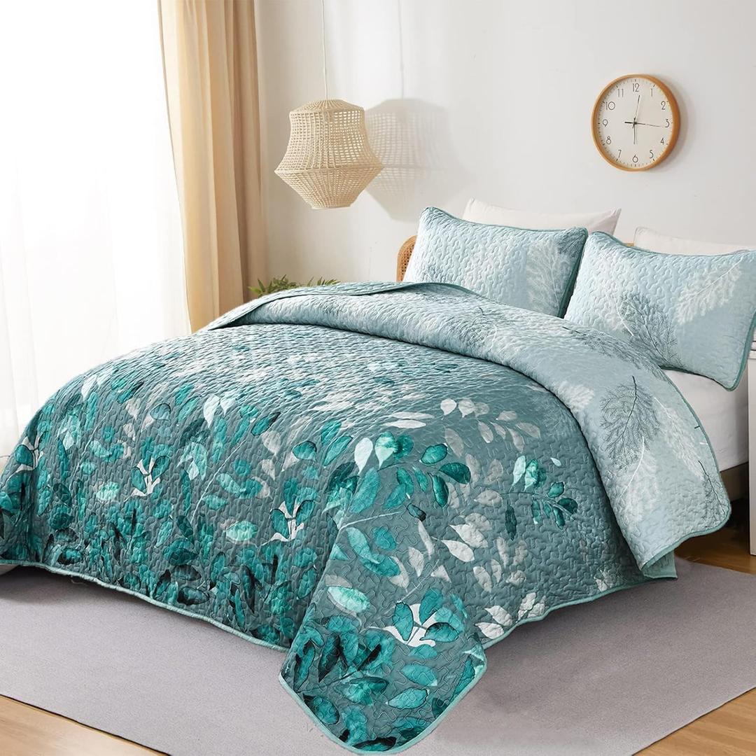 WONGS BEDDING Floral Quilt Set Queen Size, 3 Pieces Aqua Botancal Leaves Bedspread Coverlet Set with 2 Pillowcases for All Season, Soft Microfiber Floral Bedding Set 96"90"