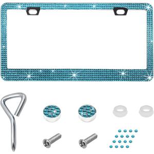 Bling License Plate Frame, Stainless Steel Glitter Crystal Diamond License Plate Cover Holder, Sparkly Bedazzled Rhinestone Car Tag Covers for Women, Car Accessories (Blue) (1PCS)