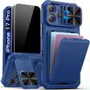 SSLOTSCASE for iPhone 17 Pro Case with 2X Privacy Screen Protector, Card Holder & Sliding Camera Lens Cover & Kickstand & Wallet, Silicone Edge Protective Phone Case Cover for iPhone 17 Pro 2025, Blue
