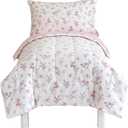 Joyreap 4 Piece Cotton Toddler Bedding Set for Girls, Flowers n Leaves Pink Design, Soft Breathable Cotton Toddler Comforter Set, Includes Quilted Comforter, Fitted Sheet, Top Sheet, and Pillow Case, Standard Toddler Size