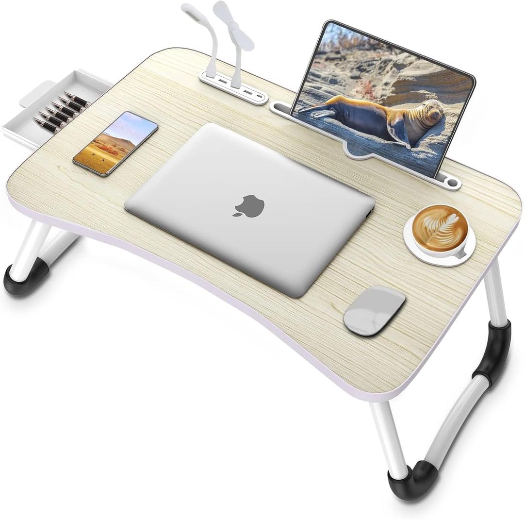 Zapuno Laptop Lap Desk, Foldable Laptop Table Tray with 4 USB Ports Storage Drawer and Cup Holder, Lap Bed Desk Notebook Stand Laptray Portable Standing Table for Bed Couch Floor (Maple)
