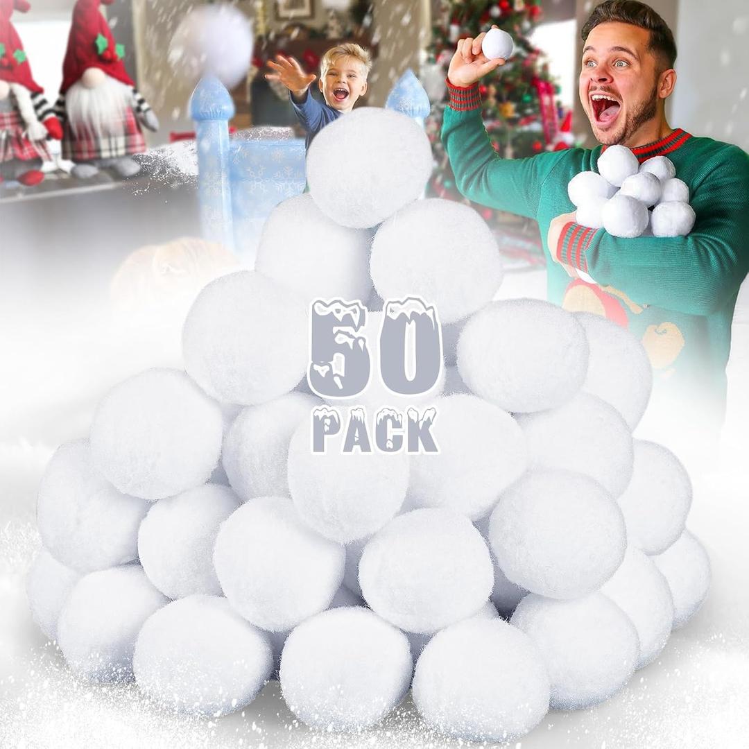50 Pack Fake Snow Ball, 2-inch Indoor Snow Fight Ball Set, Soft Artificial Snow Fight Balls for Kids, Fake Snowballs for Christmas Games Party Decorations, Indoor Snowballs for Winter School Party