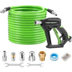Tool Daily Sewer Jetter Kit for Pressure Washer 50 FT, Short Power Washer Gun, Drain Cleaner Hose 1/4 Inch NPT, Corner, Rotating and Button Nose Sewer Jet Nozzle, 3600 PSI (Green)