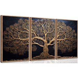3Pcs Vintage Tree Life Canvas Wall Art Abstract Gold Tree Painting Decor Pictures Moody Modern Dark Plants Tree of Life Posters Prints for Living Room Bathroom Bedroom Decoration No Frames, 16"L x 12"W
