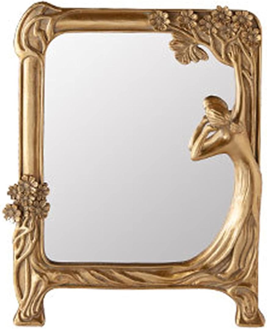Vintage Gold Mirror Wall Decor - Small Vanity Mirrors, Antique Decorative for Desk Room, Frame Arched Victorian Decoration for Home Table, Standing Framed Gift for Furniture Living Bedroom, Rectangle