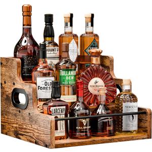 KLM Liquor Bottle Display Shelf, Coffee Syrup Rack Organizer, 3 Step Countertop Wine Rack, Mini Bar, Retro Bar Shelf Stand for Whiskey, Spirits
