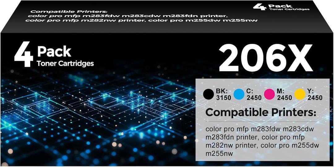 206X Toner Cartridges 4 Pack High Yield With Chip M283fdw Toner Compatible with HP206X HP 206X 206A W2110X W2110A Toner for Color Laser Pro MFP M283fdw M283cdw M283fdn M282nw M255dw M255nw Printer Ink