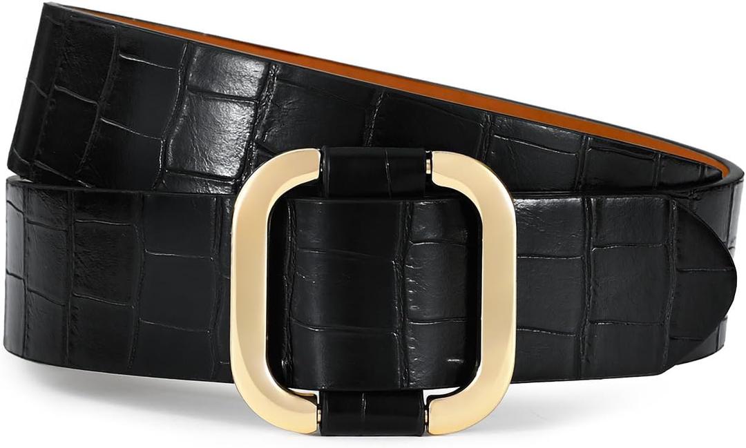 Belts for Women Fashion Black Leather Belt with Square Gold Buckle Stylish Dress Belt (L: Fit Waist Size 35"-39")