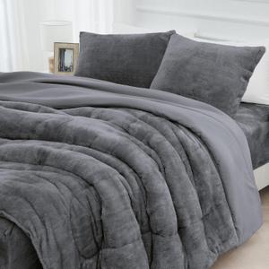 Faux Fur Comforter Set with Fitted Sheet - Luxury Ultra Soft Fluffy Fuzzy Queen Comforter Set, Cozy Warm Plush Bedding Comforter for Winter, 4 Pcs(1 Comforter +1 Fitted Sheet + 2 Pillowcases) (Dark Grey)