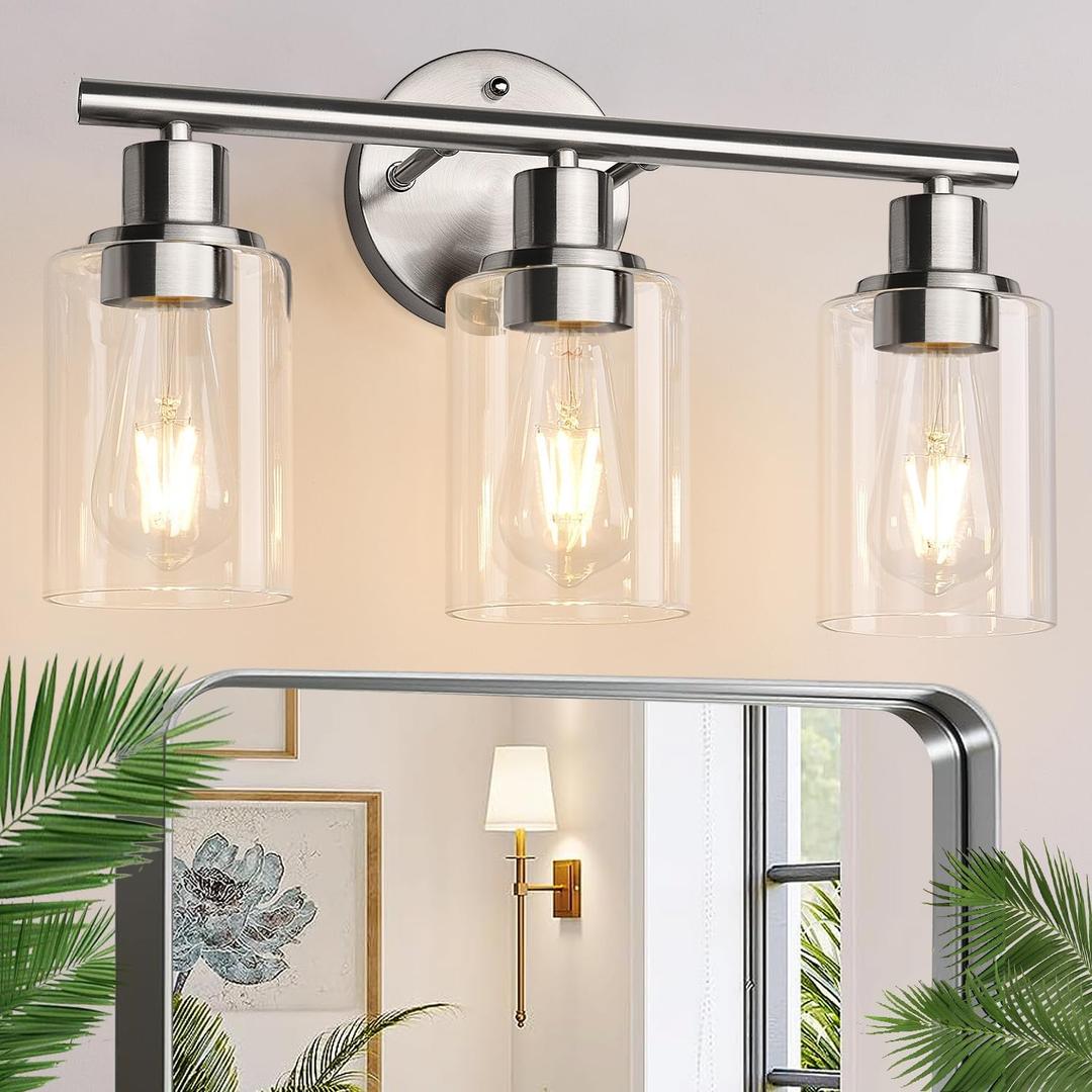 Zarbitta 3Light Bathroom Light Fixtures, Brushed Nickel Vanity Light, Farmhouse Wall Lights with Clear Glass Shade, Bathroom Wall Lamp for Mirror Kitchen Bedroom Hallway Living Room Hallway Cabinet