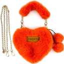 FHQHTH Faux Fur Evening Handbags Heart Shaped Clutches for Women Fluffy Shoulder Bags Metal Chain Strap (Orange)