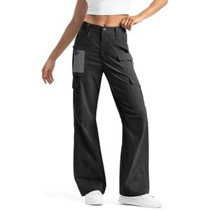 Moosehill Women's-Cargo-Hiking-Pants-High-Waisted Wide Leg Water Resistance Lightweight Stretch for Work Casual Outdoor, Size 8/M, Black