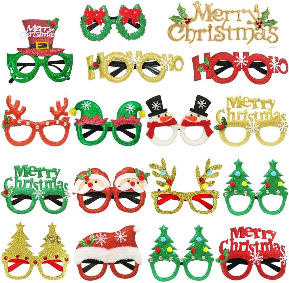 Christmas Glasses 16PCS, Party Favors Christmas Tree Hanging Ornaments Decorations Photo Booth Props, Xmas Party Decorations Eyeglasses Frame for Christmas Holiday Party Supplies