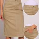 Allegra K Casual Denim Skirt for Women's High Waist Split Back Pockets Midi Jean Skirts (Khaki, L)
