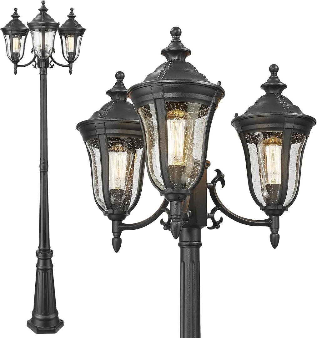 Lamp Post Lights 3-Head Outdoor Post Lamp with High Posts Outdoor Lighting, Waterproof Exterior Pillar Latern Outside Hardwired Street Light for Patio Garden Backyard Walkway Driveway, 85 inch