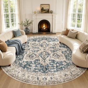Tortania 10' Round Area Rug Living Room Rugs - Washable Boho Rug Vintage Oriental Distressed Farmhouse Large Thin Indoor Carpet for Bedroom Under Dining Table Home Office - Cream/Blue