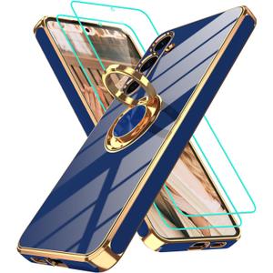 Gritup for Samsung Galaxy S24 Plus Case: with 2Pcs Screen Protector, 360 Rotation Ring Holder Magnetic Kickstand Plating Gold Edge Soft TPU Shockproof Protective Cover for S24 Plus, Blue