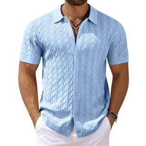 COOFANDY Men's Knit Short Sleeve Shirts Button Down Vintage Knitted Polo Shirt Casual Beach Crochet Cable Vacation Shirt (Light Blue), Small