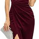 Missufe Women's Sleeveless Spaghetti Strap Wrap V Neck Bodycon Ruched Slit Midi Party Cocktail Velvet Dress, Size Medium