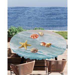 Coastal Tablecloth Round Fitted,Beach Table Cover Waterproof Reusable Ocean Table Cloth with Elastic Edge for Kitchen Dining Party Sea Wave 36-44in (Geometrylaa8839)