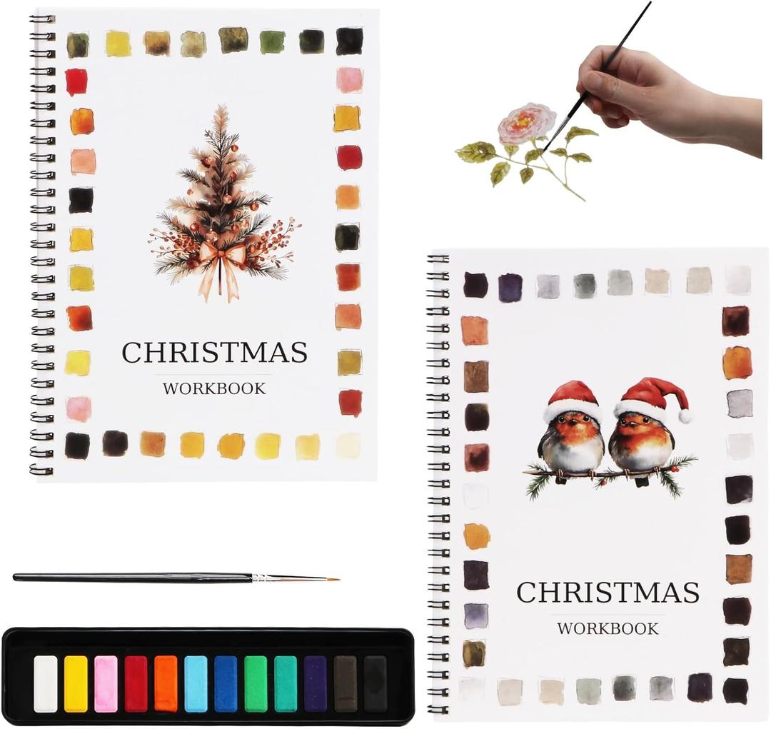 Watercolor Workbook, Water Coloring Book,Watercolor Paint Set, Beginner-Friendly Watercolor Workbooks, with 12 Colors Watercolor Paint Set with Paint Brush (2PC(A+B))