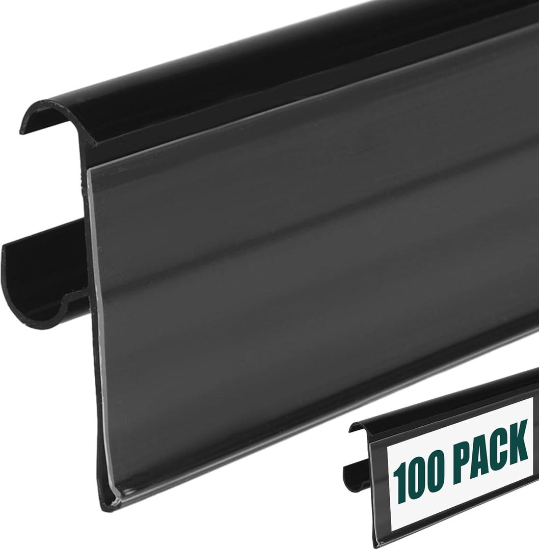 Fulmoon 100 Pcs 27 x 1.26 Inch Wire Shelf Label Holder Strip Price Tag Black Back Plastic Label Holder with Clear PVC Cover Black Back for Refrigeration Cases Cooler Shelf