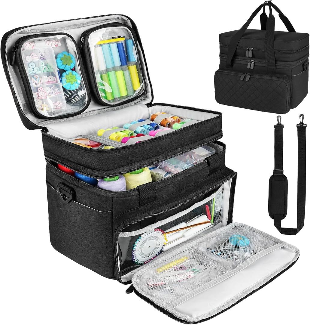 Sewing Accessories Organizer Case with Shoulder Strap, Double Layer Sewing Storage Bag with 2 Detachable Pouches for Sewing Accessories and Supplies, Large Travel Sewing Box for Sewing kit Tools, Black