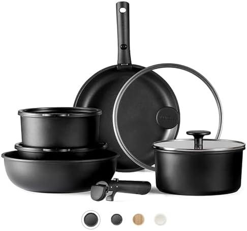 CAROTE Pots and Pans Set Non Stick, Cookware Set Detachable Handle, Nonstick Induction Kitchen Sets Non Stick with Removable Handle, RV Cook Ware, Oven Safe, Black