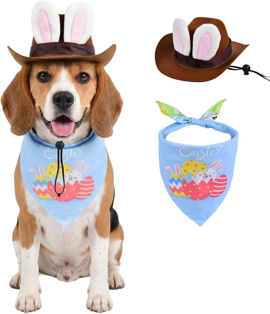 Pet Easter Costume Set Dog Cowboy Hat with Bunny Ears & Easter Egg Bandana Puppy Rabbit Ear Headwear & Reversible Spring Scarf Accessories Holiday Party Photo Props for Medium to Large Dogs