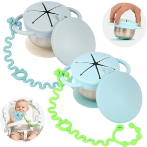 2 Pack Toddler Snack Cups 5-in-1 Snack Cups for Toddlers Spill Proof with Suction Cup and Anti-Loss Rope, Detachable Stainless Steel Cups with Silicone Lids & Handles (Light Blue and Light Grey)